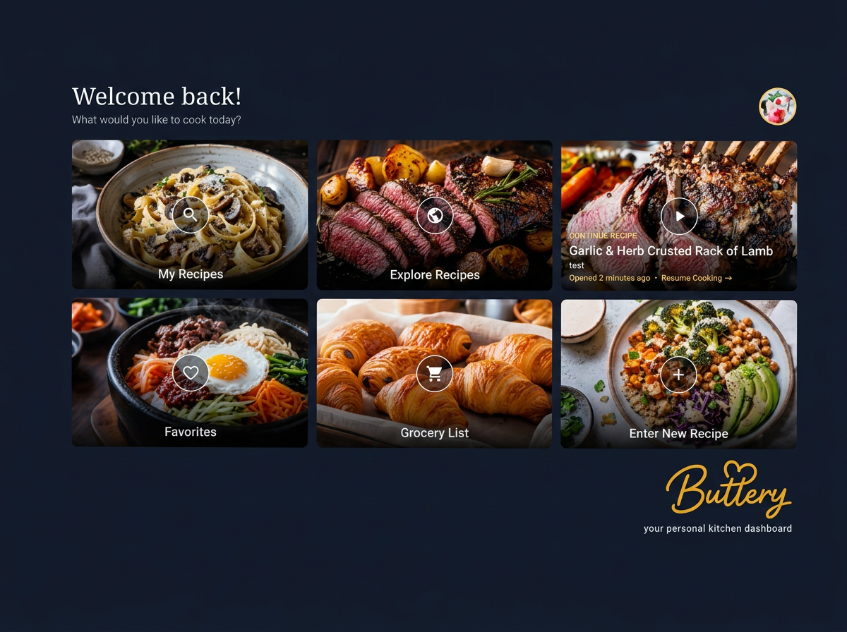 Buttery kitchen dashboard showing recipes, favorites, grocery list and more